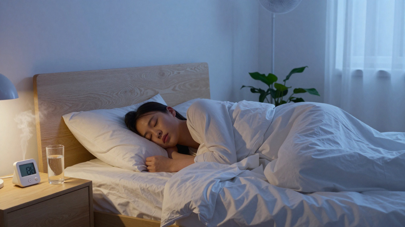 Mulher a dormir numa cama branca, com difusor de aroma ligado numa mesa de cabeceira num quarto iluminado suavemente.