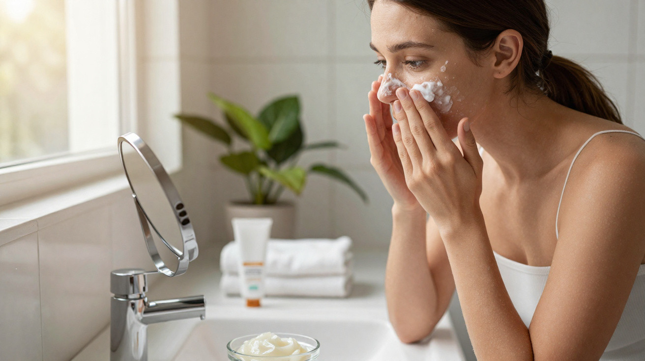 Mulher a aplicar creme facial junto a um espelho numa casa de banho luminosa.