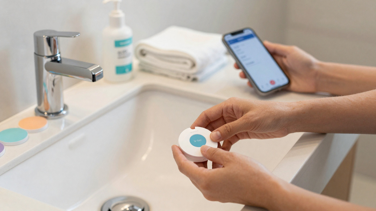 Pessoa segura dispositivo circular branco e smartphone junto a lavatório de casa de banho moderna.