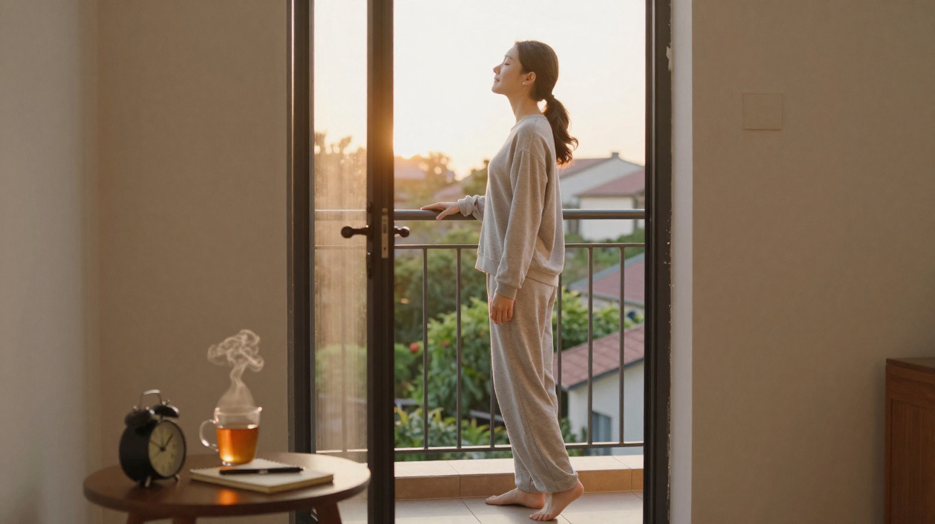 Mulher de pijama cinzento a relaxar numa varanda ao amanhecer com chá fumegante numa mesa próxima.