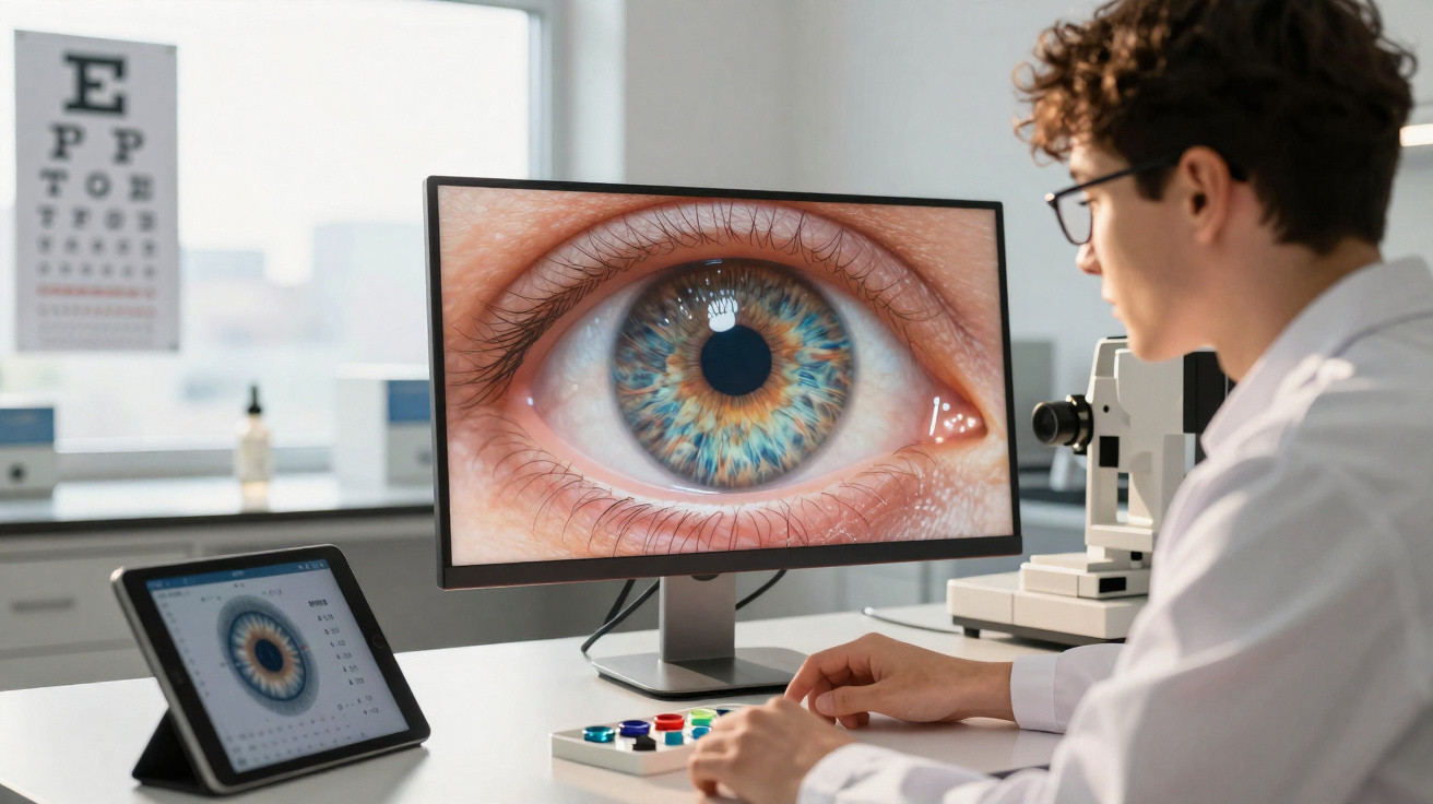 Pessoa a analisar imagem ampliada de olho colorido num computador num consultório de oftalmologia.