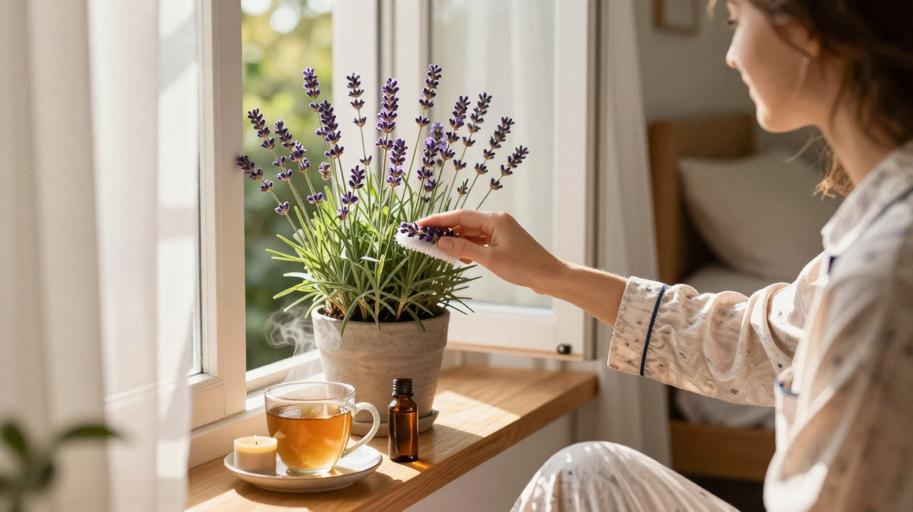 Mulher em pijama toca flores de lavanda junto a chá, vela acesa e óleo essencial numa janela iluminada.