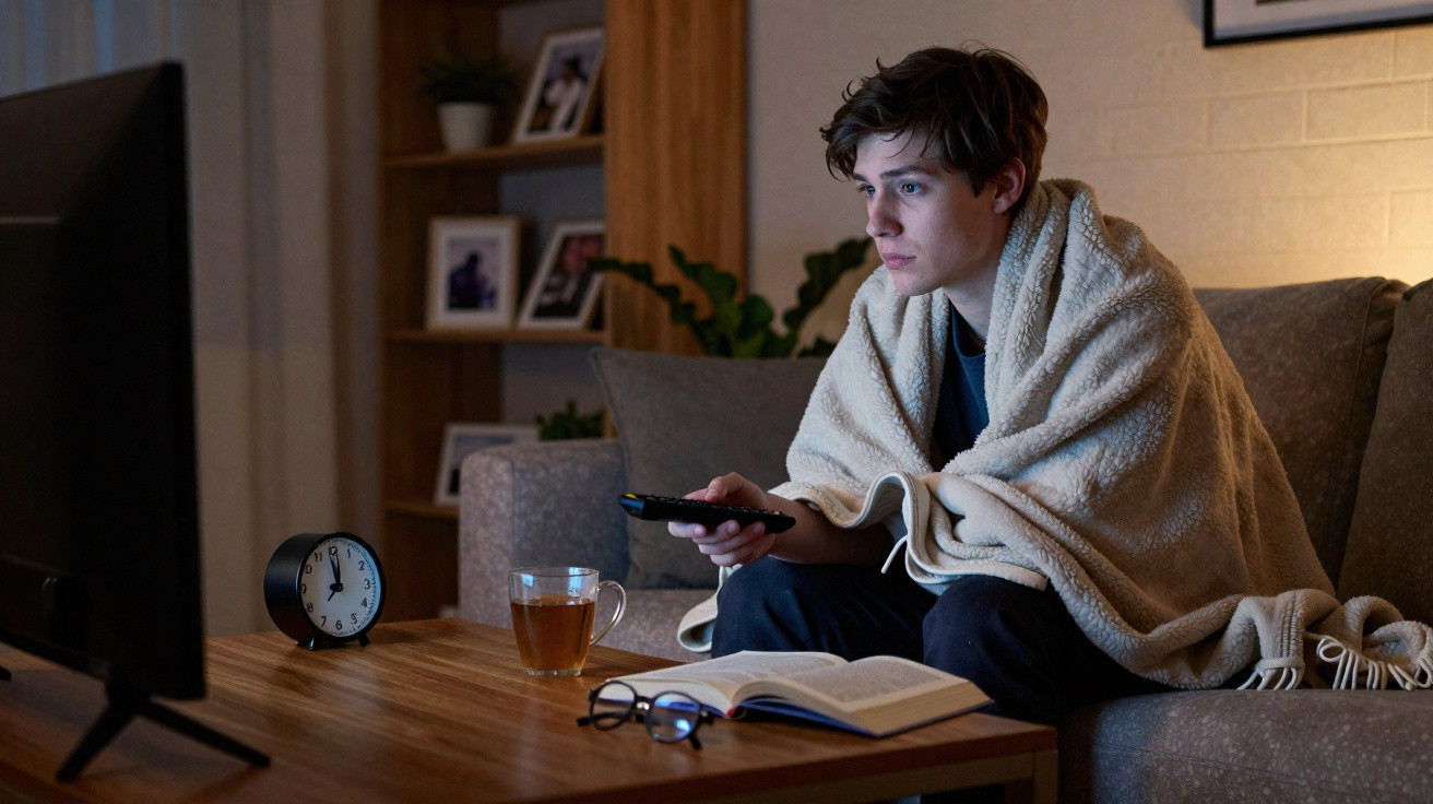 Homem jovem sentado no sofá com manta, a ver televisão à noite, com chá, livro e relógio na mesa.