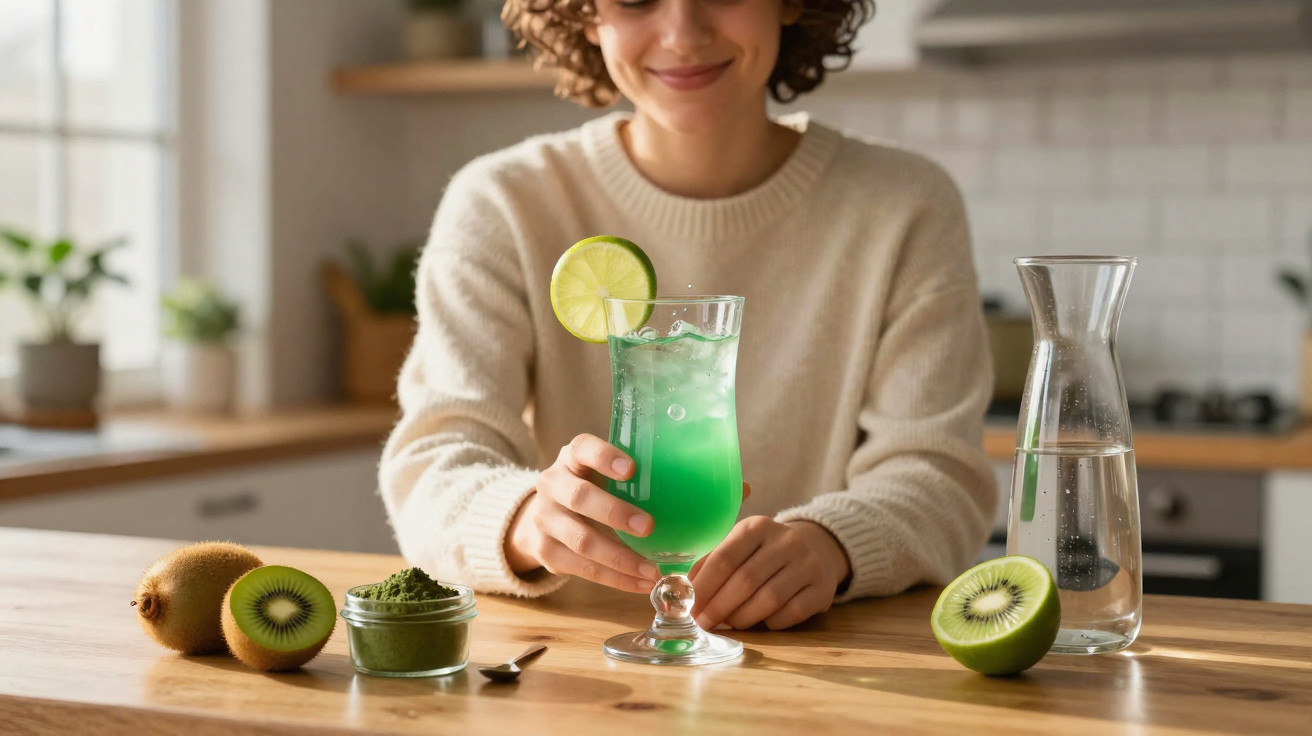Mulher sorridente a segurar um copo com bebida verde, decorado com fatia de lima, numa cozinha iluminada.
