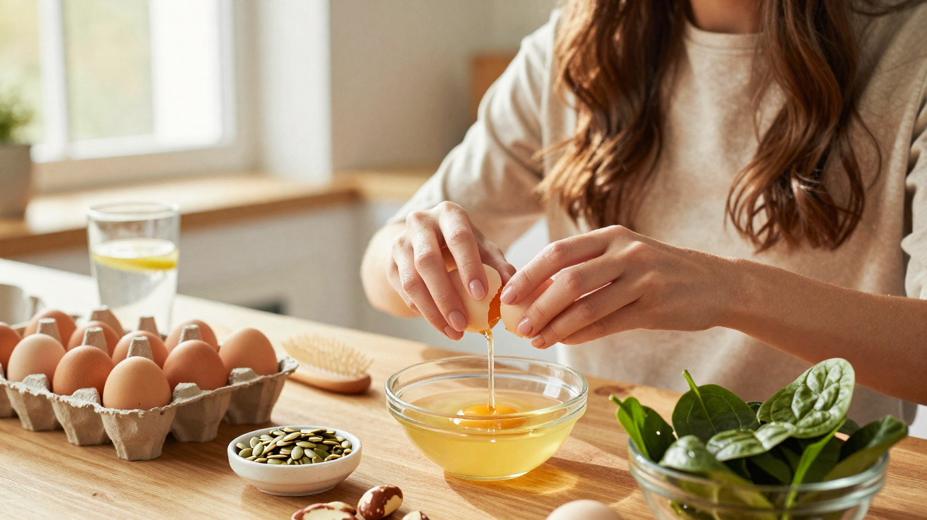 Pessoa a partir ovos para uma tigela de vidro numa cozinha luminosa com ingredientes à volta.