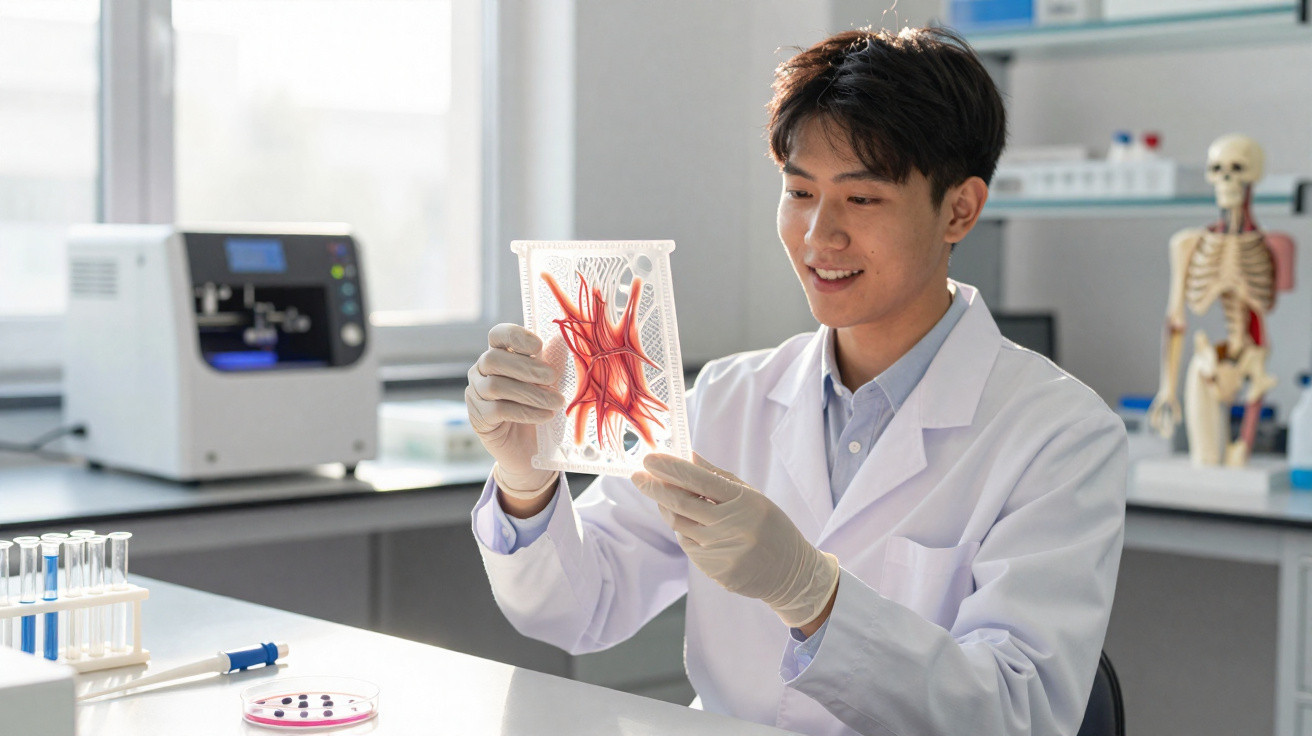 Cientista em bata branca segurando modelo de vasos sanguíneos num laboratório bem equipado.