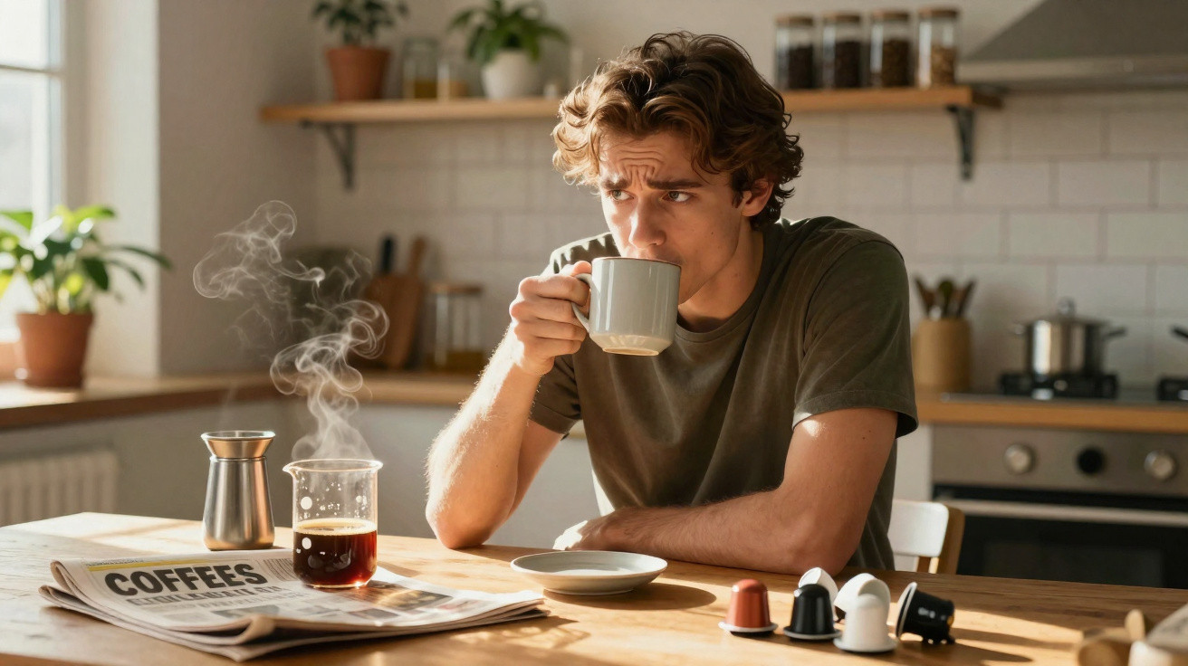 Homem jovem a beber café numa cozinha iluminada, com cápsulas de café e jornal na mesa.