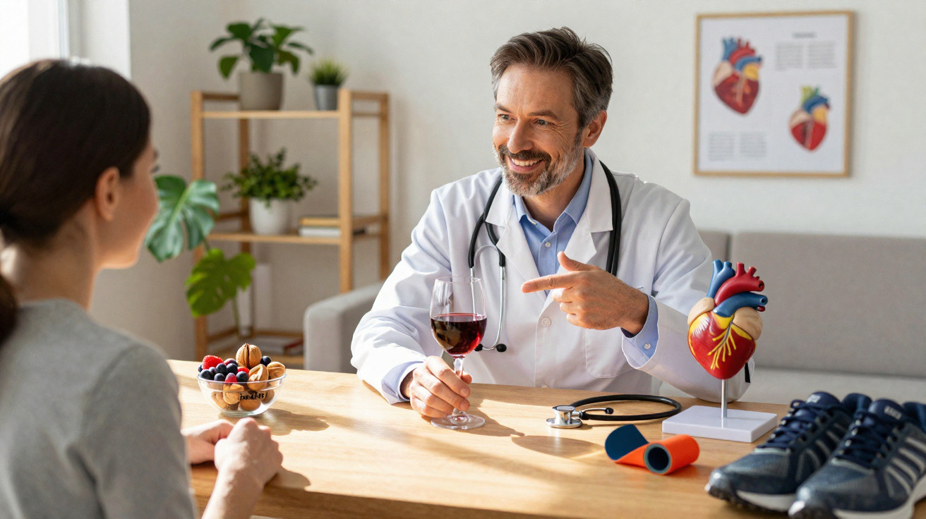 Médico fala com paciente segurando copo de vinho, com modelo de coração e frutas na mesa à luz natural.