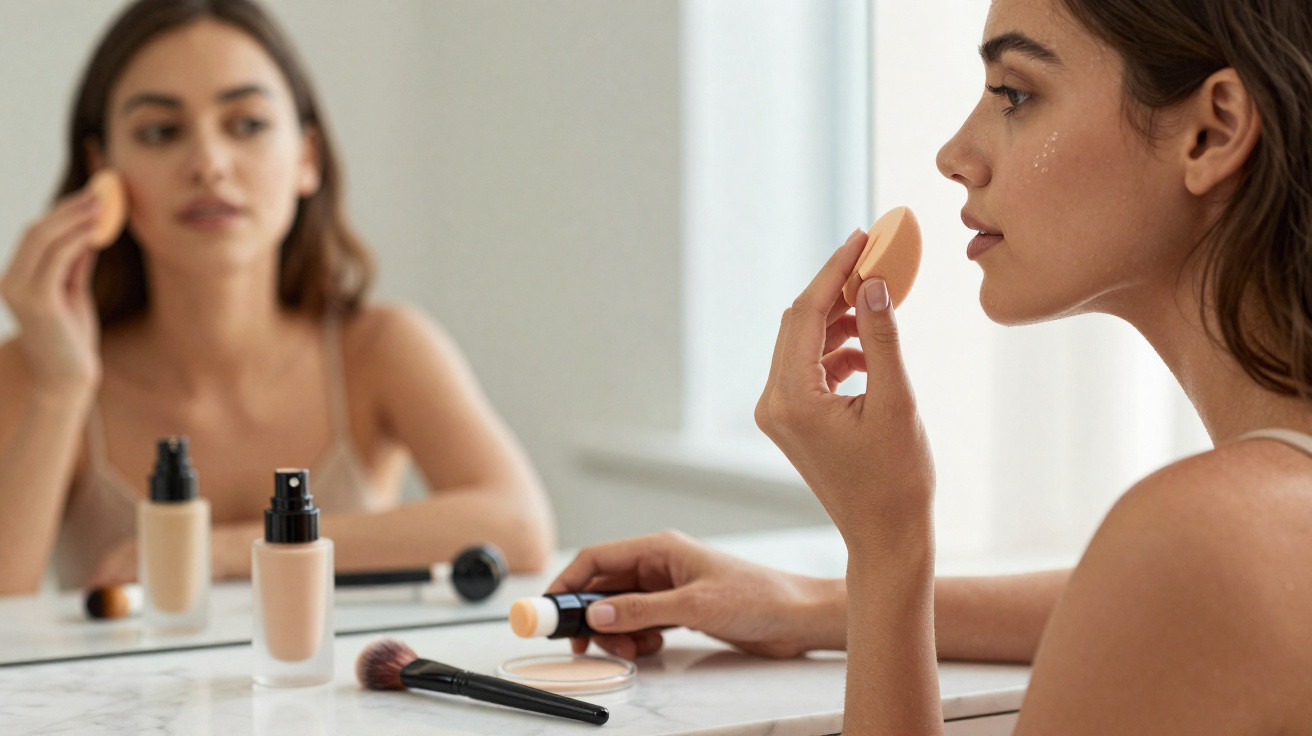 Mulher a aplicar maquilhagem no rosto junto a um espelho numa bancada com produtos de beleza.