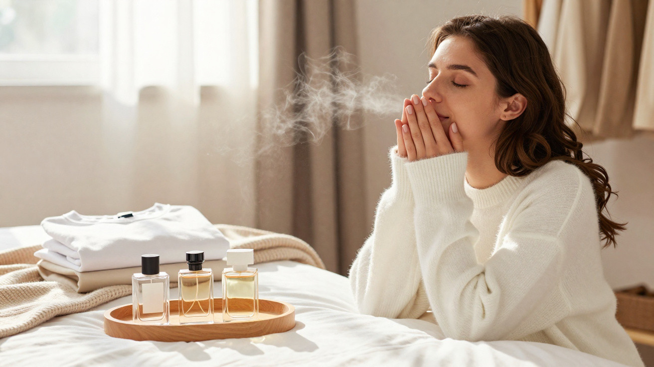 Mulher a cheirar um frasco de perfume sentada numa cama com luz suave e roupa branca ao fundo.
