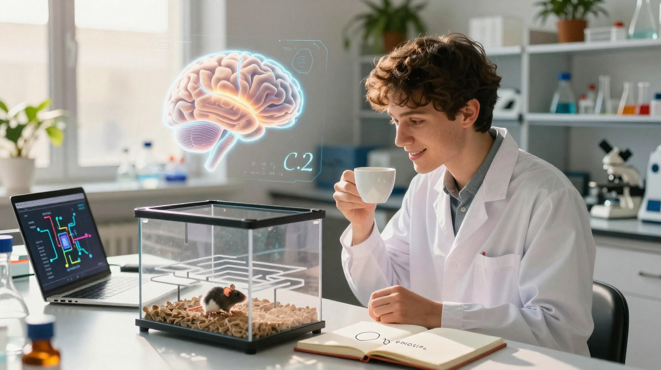 Cientista a observar rato num terrário com cérebro holográfico numa sala de laboratório moderna.