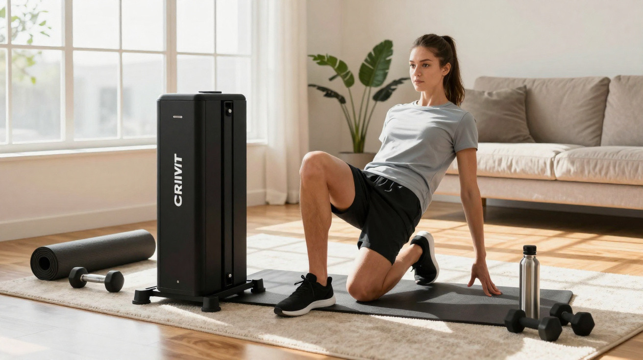 Mulher a treinar em casa usando equipamento de fitness, com halteres, tapete e garrafa ao lado.