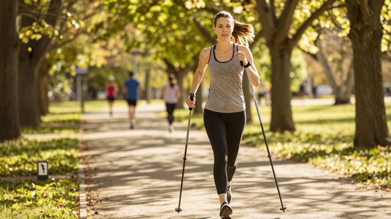 Mulher a praticar marcha nórdica num parque com árvores e pessoas a correr ao fundo.