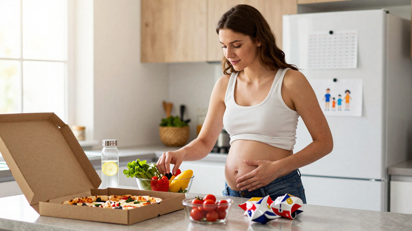 Mulher grávida na cozinha a escolher legumes frescos numa taça, ao lado de uma pizza e snacks.