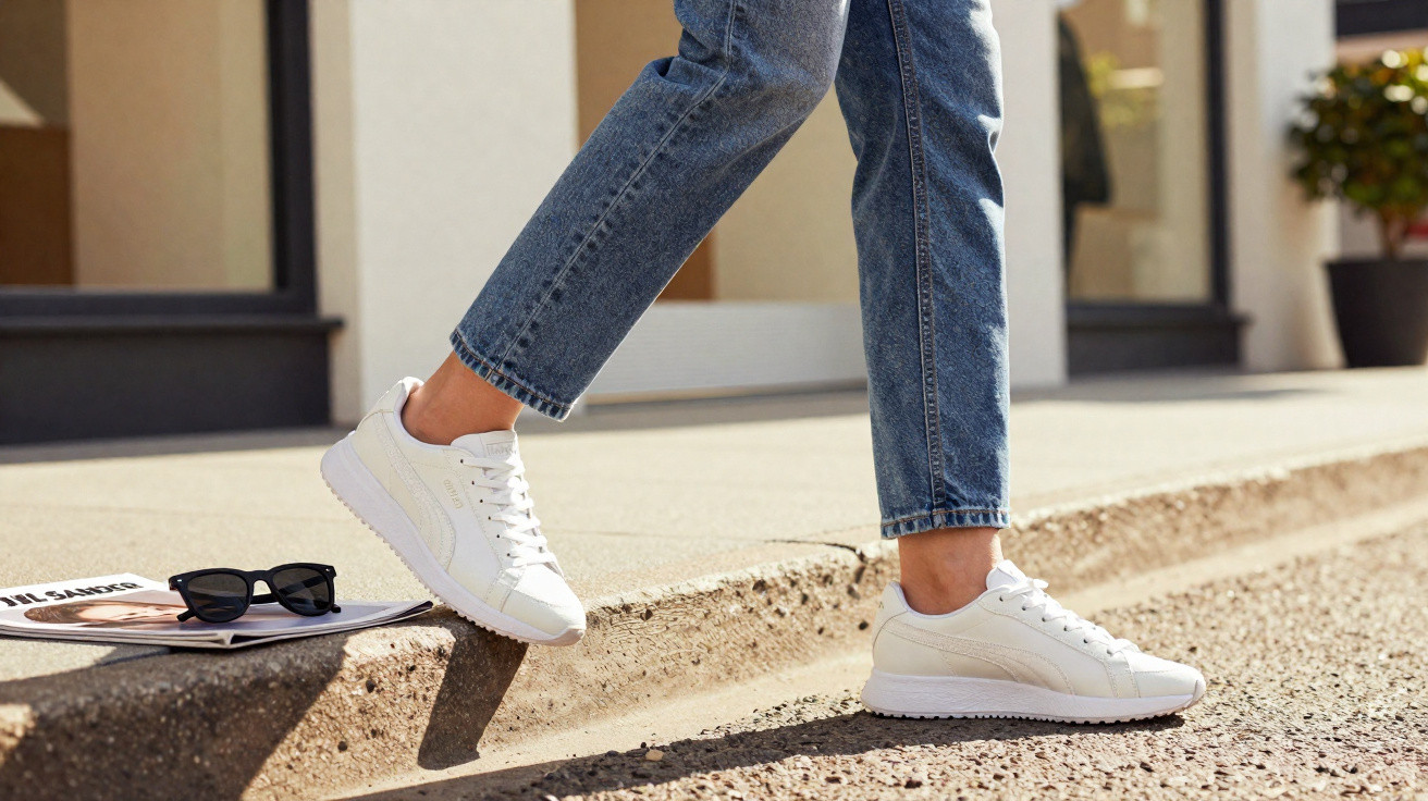 Pessoas calçam ténis brancos Puma S e jeans curtos junto a passadeira sobre passeio urbano.
