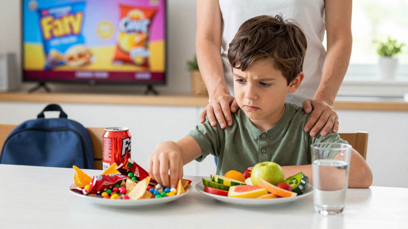 Criança com expressão triste hesita entre comida saudável e snacks doces numa mesa com um adulto ao lado.