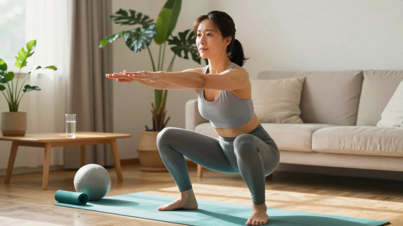 Mulher a fazer agachamento em tapete de exercício numa sala com sofá, plantas e bola de ginástica.