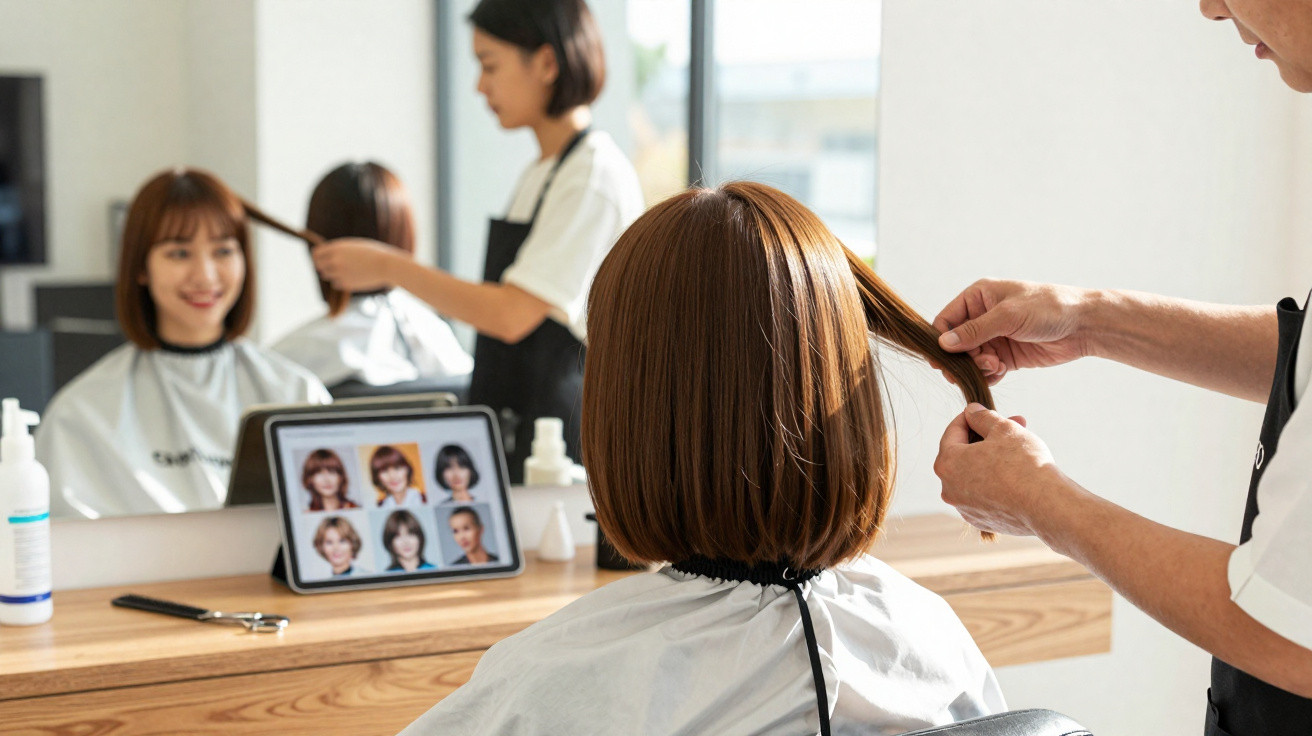 Mulher num cabeleireiro a escolher penteado num tablet enquanto recebe aconselhamento do cabeleireiro.